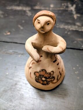 Vintage Primitive Clay Folk Art Effigy Pottery Lady Bell Signed Hand-Painted